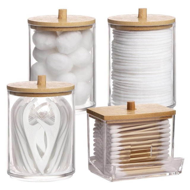 Tbestmax 4 Pack Qtip Holder Bathroom Container, 10/7oz Cotton Ball/Swabs Dispenser, Apothecary Jar with Bamboo Lids for Organizer and Storage (Beige)