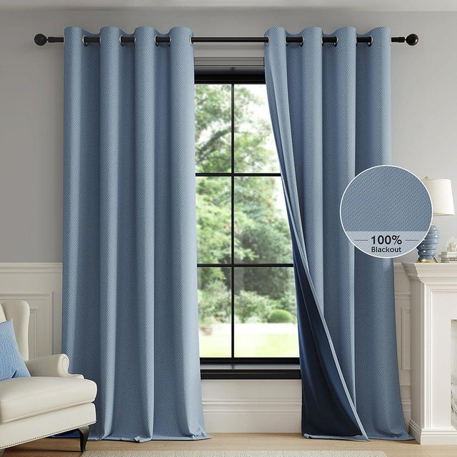 FMFUNCTEX 100% Blackout Curtains for Bedroom, Slate Blue Curtains 72 Inches Long Weave Textured Thermal Insulated Curtains for Living Room, Black Out Drapery Grommet Room Darkening 2 Panels