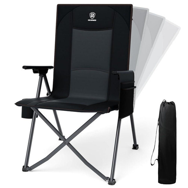 EVER ADVANCED Reclining Camping Chairs for Adult Lightweight, Folding Recliner Chair with Adjustable Back, 4-Level Lounge Chairs, Portable Lawn Chairs for Patio Balcony, Supports 350lbs Black