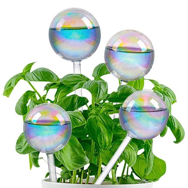 Jiuhexuj Plant Watering Globes - 4 Pack Iridescent Rainbow Gradient Color Clear Glass Plant Watering Devices - Self Watering Planter Insert for Indoor and Outdoor Plants - Measures 9" L x 2.9" D