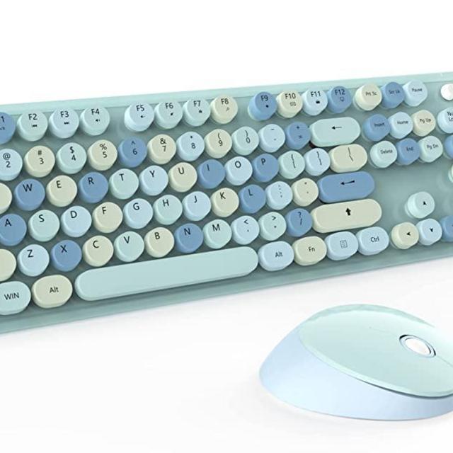 Wireless Keyboard and Mouse Combo, Cute Colorful 104-Key Typewriter Retro Round Keycaps Keyboard for PC Laptop,Windows,Desktop,Perfer for Home and Office Keyboards (Blue)