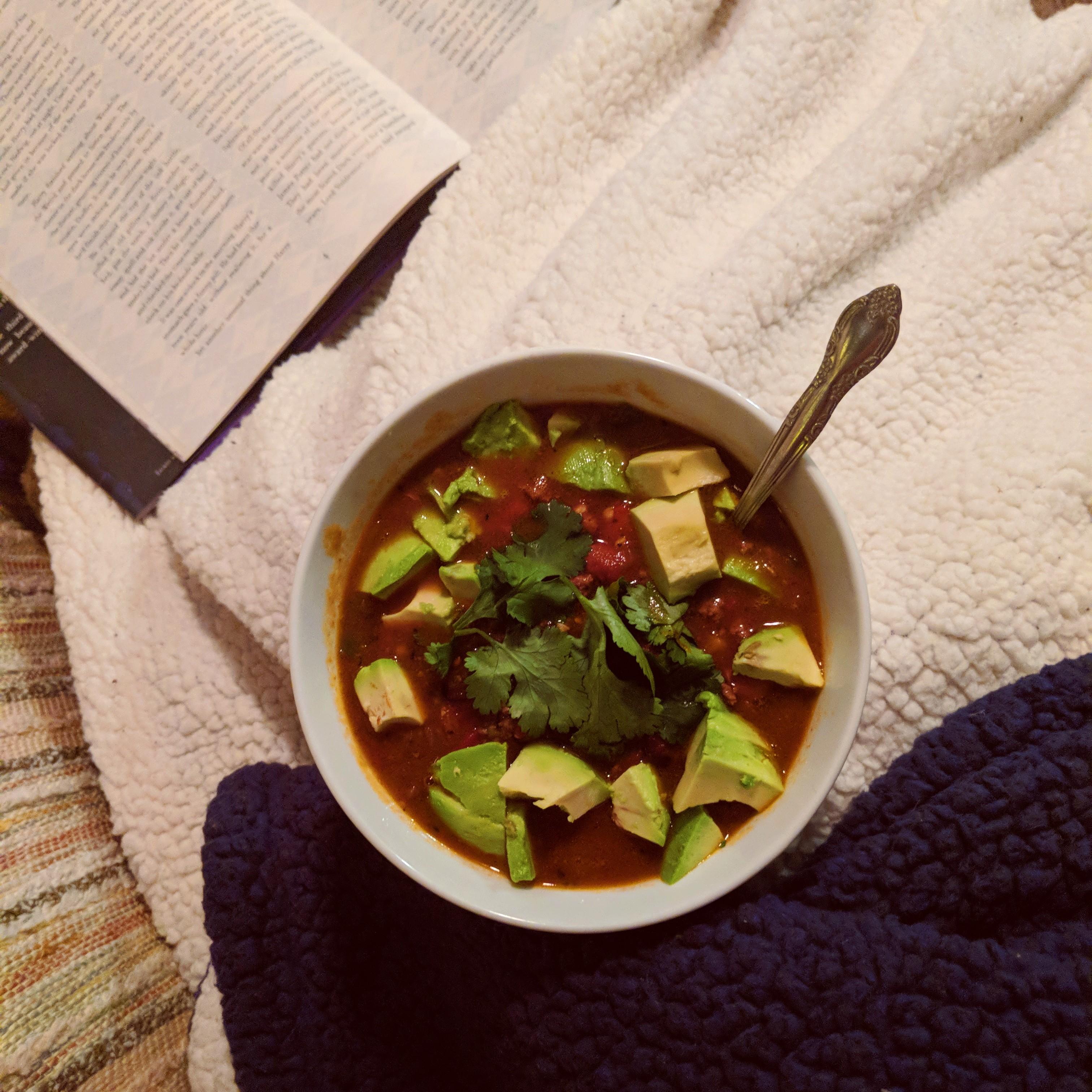 January 14th, 2018:
Emilio made this delicious Crock-Pot chili with bone broth, chorizo, and topped with avocado, and cilantro! 🥑