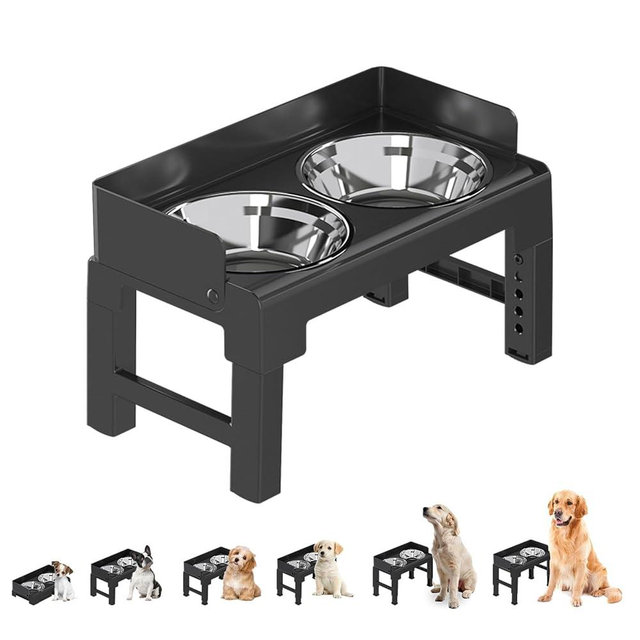 PAKEWAY Elevated Dog Bowls, Spill Proof, Tiltable Dog Feeder with 2 Stainless Steel Bowls, 6 Height Adjustable Raised Bowl