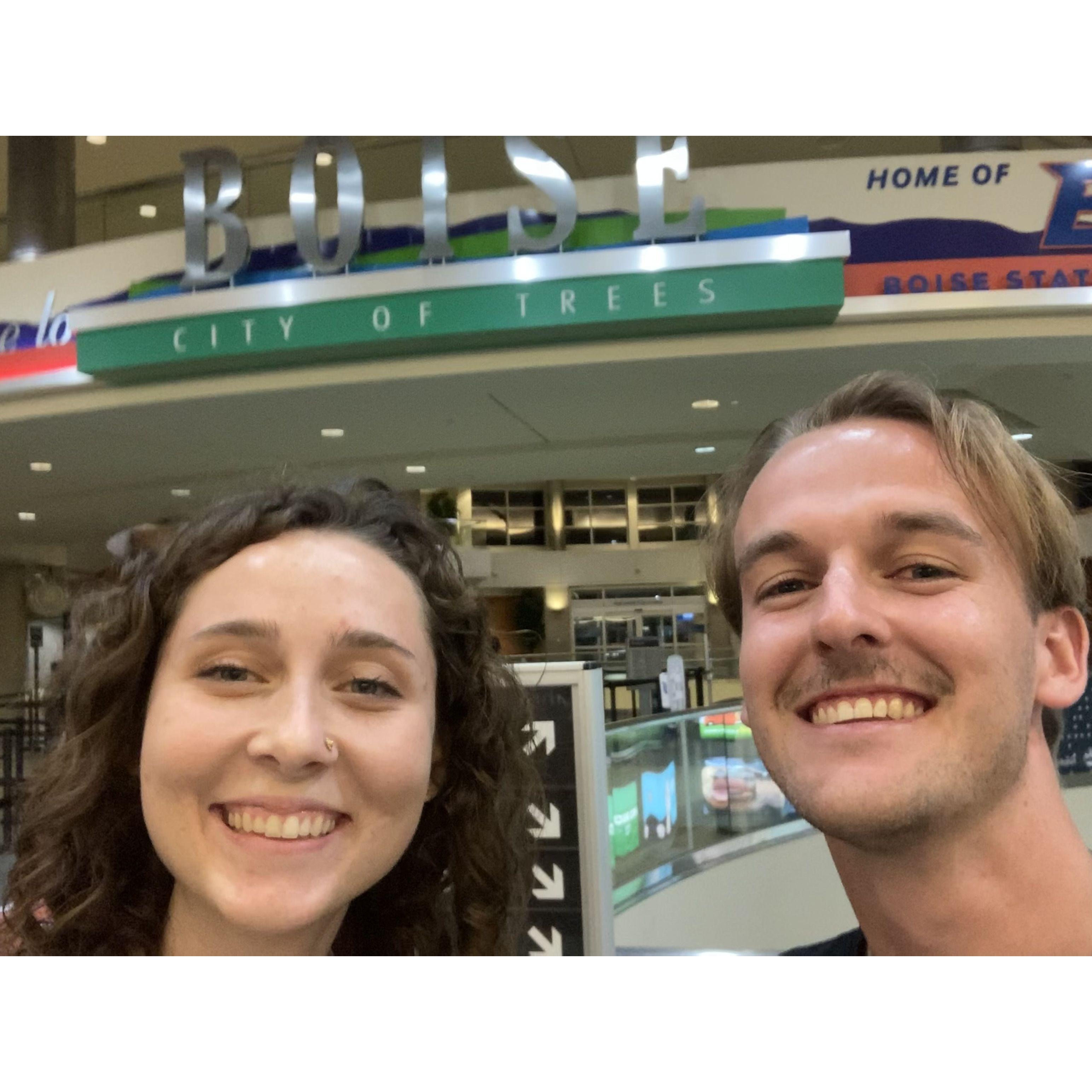 Our first ever in-person meeting! Photo taken just after an awkward side hug.