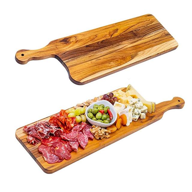 Erreke Charcuterie Board in Teak Wood, 23 in Long Cutting Serving Board with Handle and Juice Groove, Reversible Paddle Chopping Board for Meat, Cheese Bread