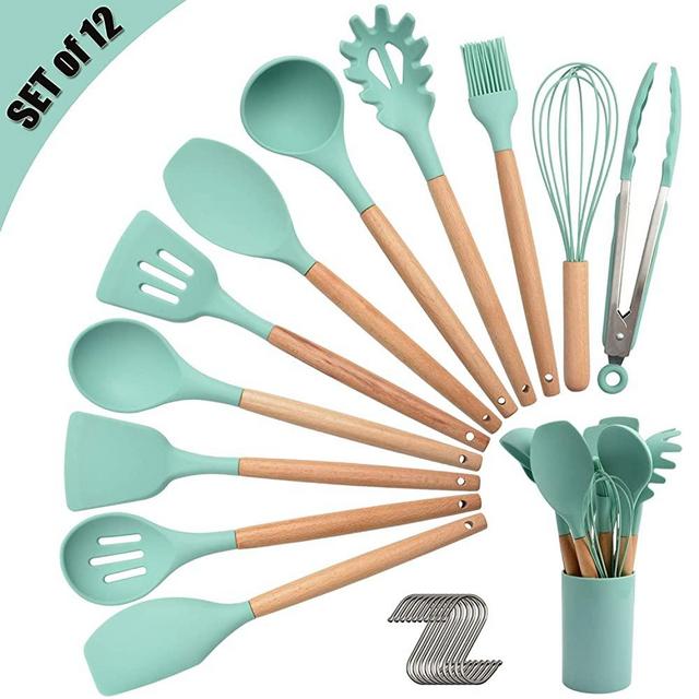 Silicone Kitchen Utensil Set, Cooking Spatulas Soup Ladle Slotted Spoon Turner Pasta Server Basting Brush Tongs Whisk Wooden Handle Heat Resistant Cookware Non-Stick Kitchen Gadgets Tools 12 Pcs