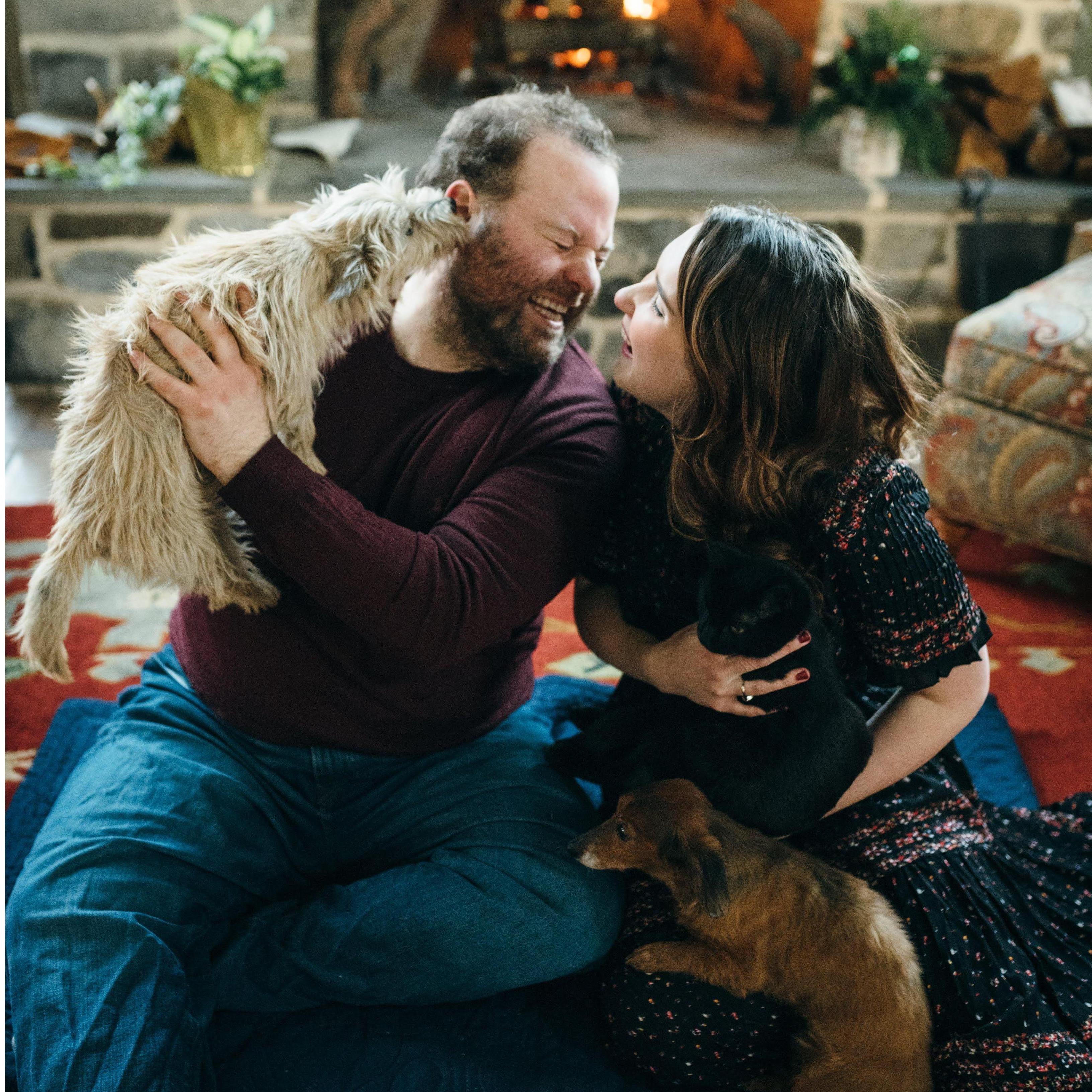 Our happy little family! In Sam's arms is Gemma Lu (now 10 months), in Matty's arms is Beau (also 10 months and Sam's 35th birthday present), and in Matty's lap is Gorgeous (now almost 16 years old!)