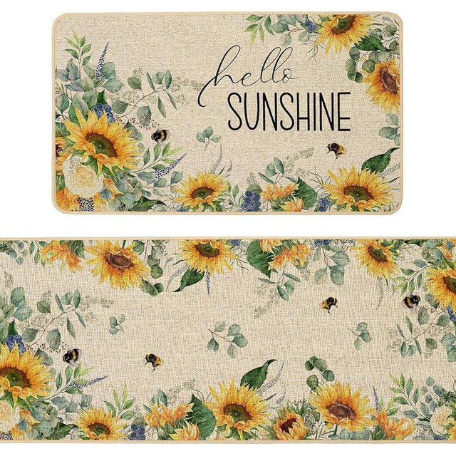 Baccessor Summer Kitchen Mats Set of 2, Sunflower Floral Bee Kitchen Rugs for Floor Non Slip Absorbent Low-Profile Seasonal Farmhouse Home Decor 17x29 and 17x47 Inch