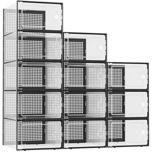Kuject XX-Large Shoe Storage Boxes Organizers Clear Plastic Stackable 12 Pack, Shoe Rack & Holder Substitute, Sneaker Containers, Shoe Storage Organizer Bins for Closet, Under Bed, Black(No Fold Line)