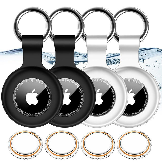 4 Pack,IPX8 Waterproof Airtag Holder for Apple Air Tags with Air Tag Keychain,Shockproof GPS Cover [Anti-Scratch] [PC+Silicone] Air-Tag Item Finders Case for Pets,Kids,Luggages-White/White/Black/Black