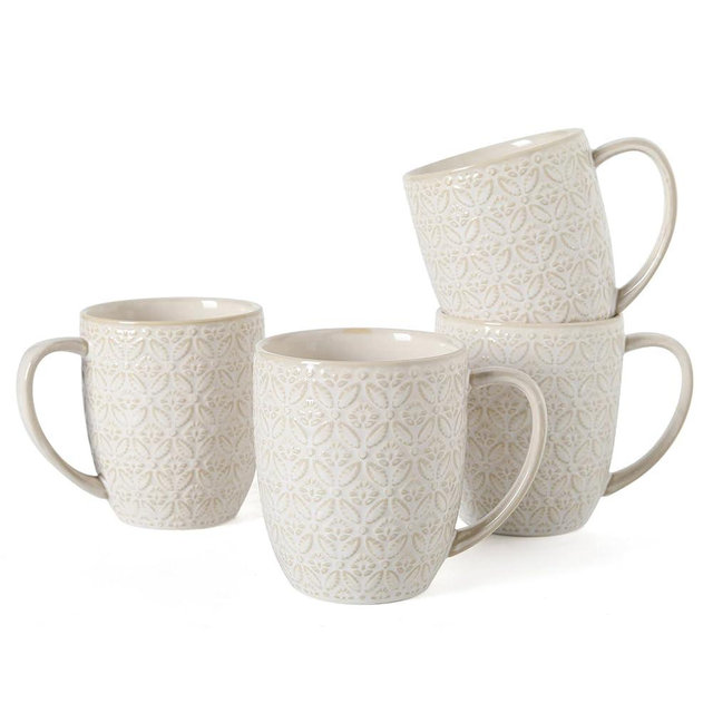 16OZ Embossed Ceramic Coffee Mugs Set, Large Coffee Cups with Handles for Cappuccino, Milk, Tea, Latte, Mocha, Cocoa, Dishwasher & Microwave Safe, Porcelain Cups Gift for Anniversary or Holiday (4PCS)
