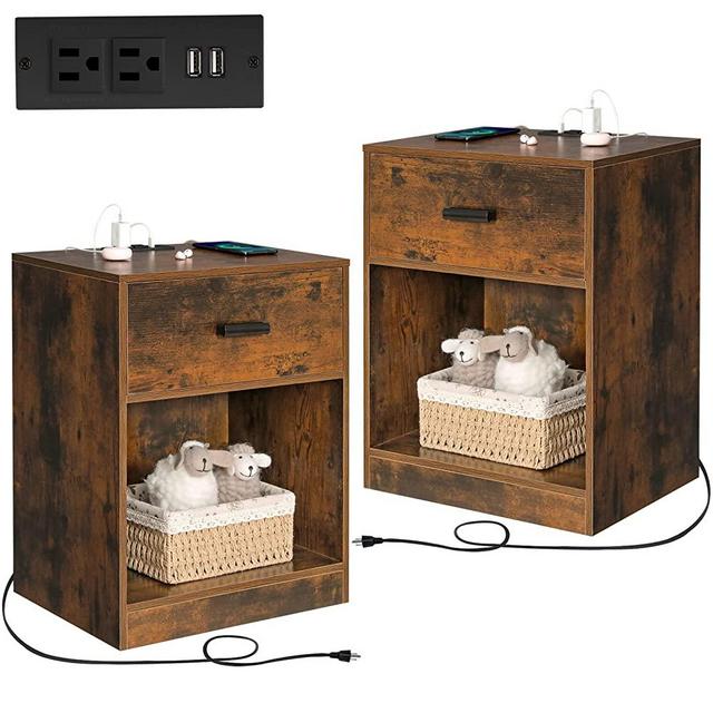 Quimoo Nightstand Set of 2 with Charging Station, Bedside Table with 1 Large Capacity Drawer and 1 Open Storage, End Table, Sofa Side Table for Bedroom, Modern Design, Rustic Brown