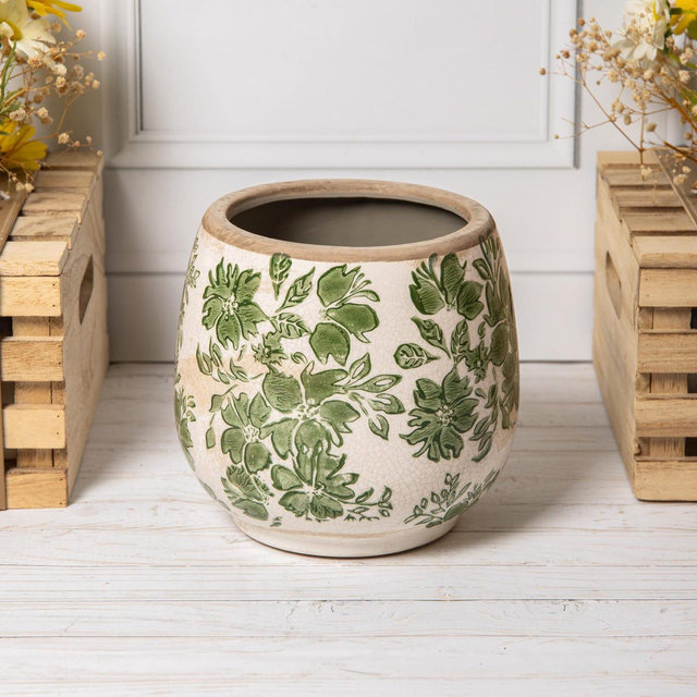 Vintage Green Cream Floral Plant Pot Ceramic Round Stoneware Flower Planter