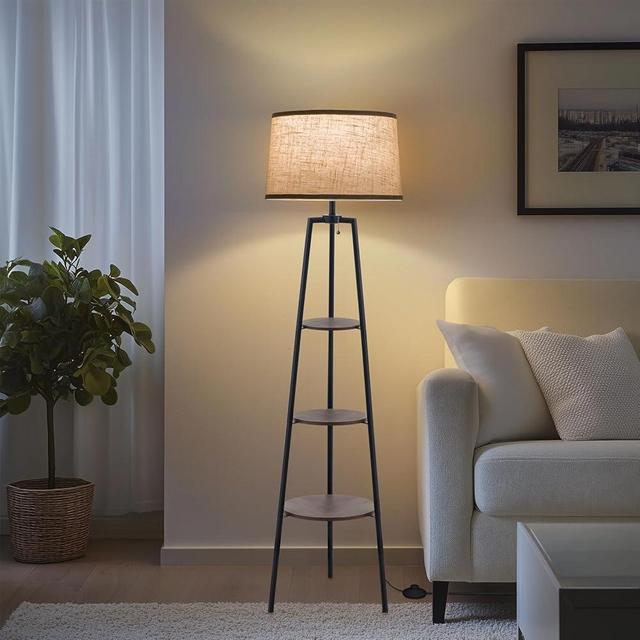 EOEYYOYB 3 Tier Shelf Floor Lamps for Living Room, Modern Standing Lamp with 3 Color Temperature Led Bulb, Tall Lamps with Foot Switch for Bedroom and Office, Walnut
