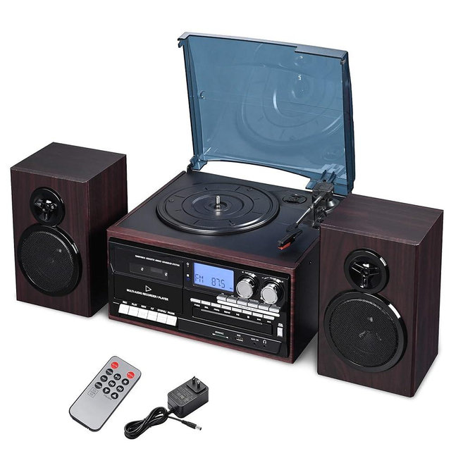 AW Vinyl Record Player with Speakers Turntable for Vinyl Records Stereo System for Home Bluetooth Tape Cassette CD Player Retro Vintage AM/FM Radio