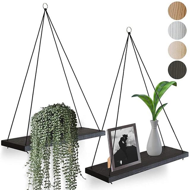 OMYSA Boho Wall Hanging Shelf - Set of 2 Wood Hanging Shelves for Decor, Plants, Book - Farmhouse Rustic Small Shelf for Bedroom Bathroom Living Room - Triangle Window Rope Plant Wooden Shelf - Black
