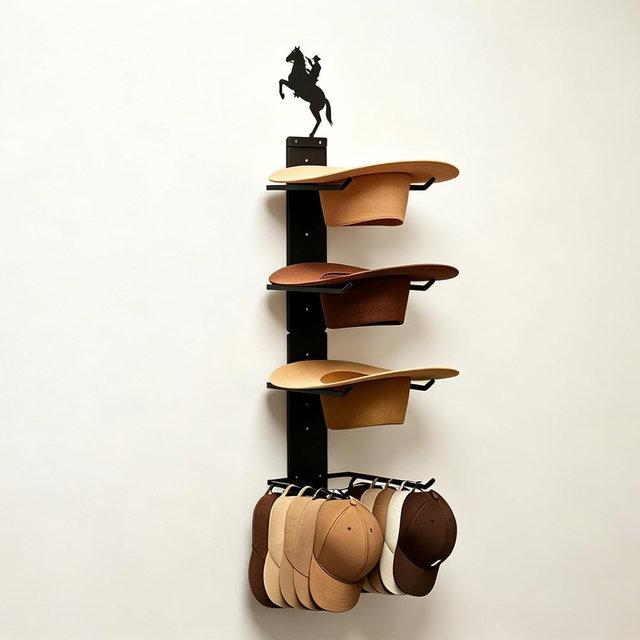 ZORISE Cowboy Hat Rack Wall Mount - Minimalist Metal Hat Holder for 4 Hats, Western Style Display Stand, Horseback Cowboy Silhouette, Rustic Organizer for Fedora & Sun Hat, Western Decor Gift