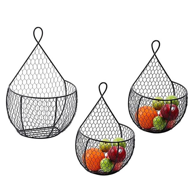 ERYTLLY Metal Fruit Vegetable Baskets Wall Mounted Hanging Display Storage Baskets for Flowers, Fruits and Veggies, Decorations, Set of 3 (Black)