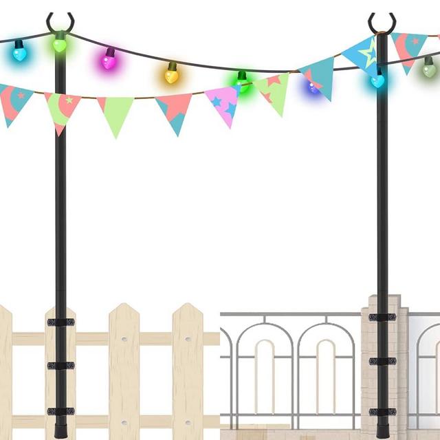 RINLAIN Outdoor Poles 2 Pack, 8.3ft Height Adjustable Metal Pole with Hooks for Hanging String Lights, Garden, Backyard, Patio Lighting Stand for Parties, Wedding (Black)