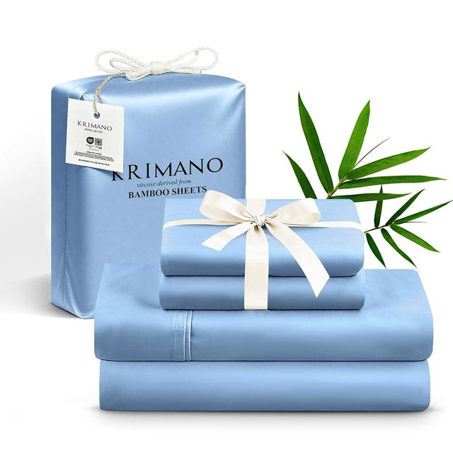KRIMANO King Size Sheet Set, Viscose Bamboo Sheets for Bed Set 4pcs, 100% Viscose Derived from Bamboo, Hotel Luxury Silky & Cooling for Hot Sleepers, Deep Pocket Up to 17", Light Blue