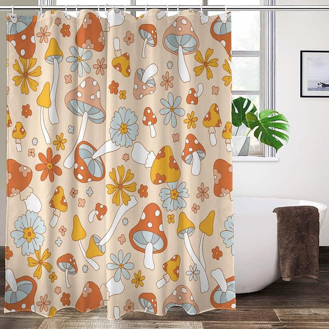 Lovetar Retro 70s 60s Hippie Mushroom Shower Curtain Funky Vintage Cute Flower Boho Floral Washable Waterproof Fabric Bath Curtains Set for Bathroom Decor Art with 12 Hooks - 72x72 Inch