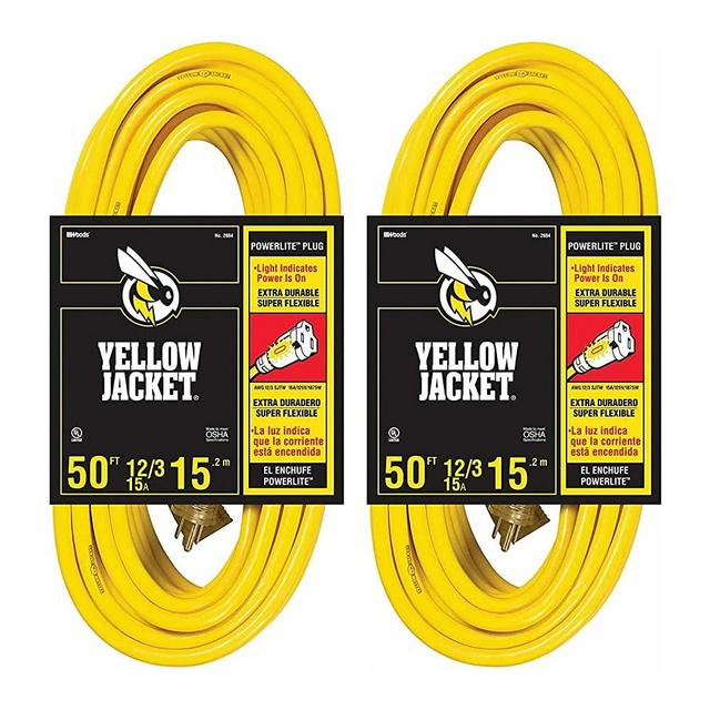 2-Pack - Yellow Jacket 12/3 Heavy-Duty 15-Amp SJTW Contractor Extension Cord with Lighted Ends, 50-Feet