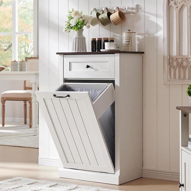 IFGET Tilt Out Trash Can Cabinet, Hidden Wooden Trash Can Cabinet, Farmhouse Laundry Hamper Cabinet, Trash Garbage Can Bin Cabinet with Storage Basket for Kitchen, Living Room (Antique White)