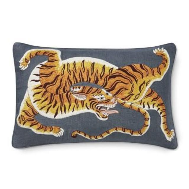 Dharma Tiger Embroidered Lumbar Pillow Cover, 14" X 22", Grey