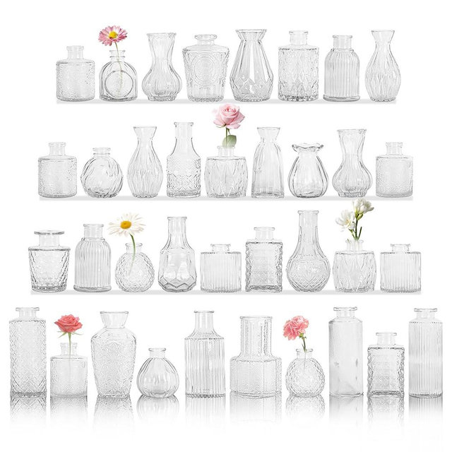 Set of 36 Glass Bud Vase Set, Small Vintage Clear Flower Vase Centerpieces for Table Bulk Cute Rustic Style Mini Vase for Home Decor Wedding Baby Shower Birthday Party