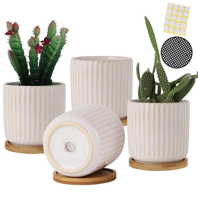OMAYKEY 4 Inch Ceramic Plant Pot with Saucer, Creative Stripe Small Planters Pots with Drainage Hole and Mesh Pads for Succulent, Cactus, Herbs, White - Set of 4