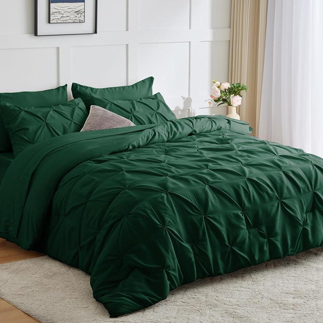 CozyLux Queen Comforter Set - 7 Pieces Bed in a Bag Dark Emerald Green, Pintuck Comforters Pinch Pleat Bedding Sets with All Season Comforter, Flat Sheet, Fitted Sheet and Pillowcases & Shams