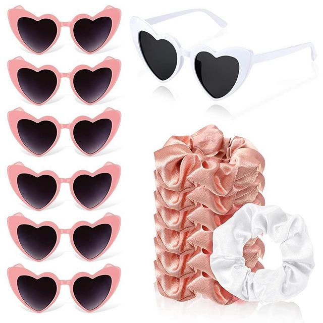7 Pairs Bachelorette Sunglasses and 7 Pack Satin Bridesmaid Scrunchies Heart Shaped Sunglasses Elastic Bridal Party Hair Ties Wedding Party Gifts for Bridesmaids Women Girls (Pink, White)