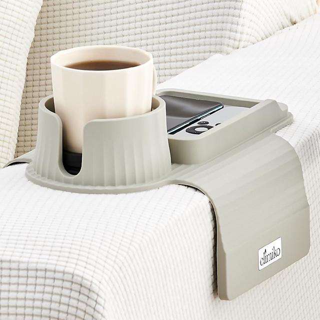 Couch Cup Holder Tray, Elimiko Silicone Sofa Drink Holder with Large Cup Holder and Tray, for Oversized Mugs/Long Remote/Snacks/Cellphone,Gifts for Mom, Girlfriend, Wife, Husband or Grandma (Griege)