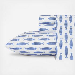 Woodblock Fish Percale 4-Piece Sheet Set