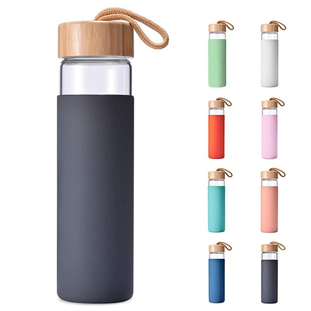 Yomious 20 Oz Borosilicate Glass Water Bottle with Bamboo Lid and Silicone Sleeve – Reusable BPA Free – Glass Drinking Bottle with Lids - Cute Glass Bottle for Women - Glass Shaker Bottle