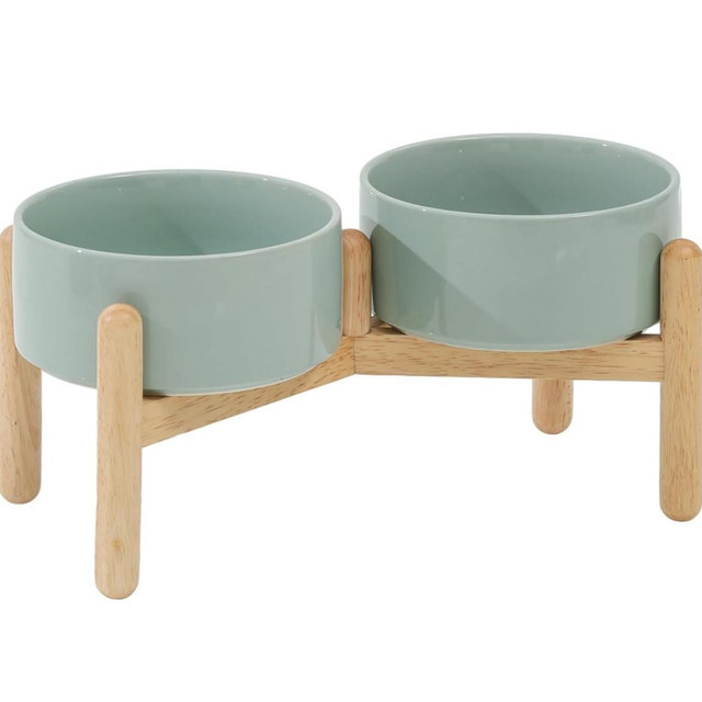 5.1'' Ceramic Raised Double Bowls Set with Wooden Stand, Elevated Food & Water Bowls for Toy Breed Dogs, Cats, Kitty, Weighted Dog Dishes, Pet Bowls(13.5OZ, Light Green)