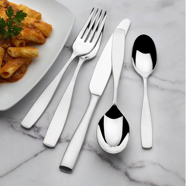 Mikasa Satin Loft 65-Piece Flatware Set for 12, 18/10 Stainless Steel Silverware with Forks, Knives, Spoons, and Serving Utensils, Durable and Elegant Design