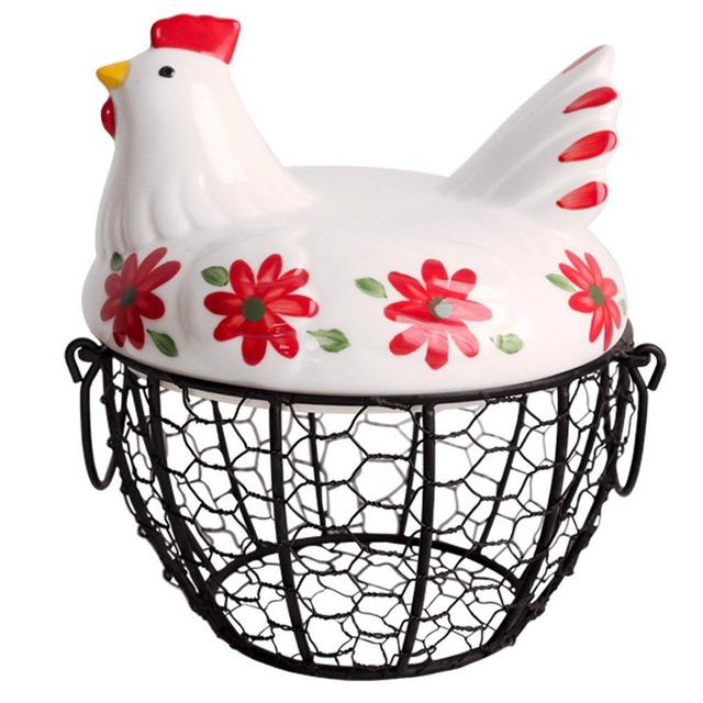 Kitchen Storage Metal Wire Egg Basket with Ceramic Farm Chicken Cover Fresh Egg Holder/Organizer Case/Container