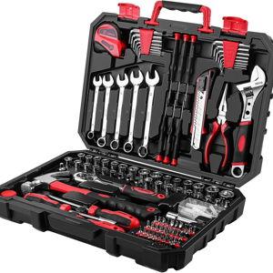 DEKOPRO Tool Set:158 Piece Home Tool Kit, Household Basic Repair Tool Set Comes with Plastic Storage Case-Red