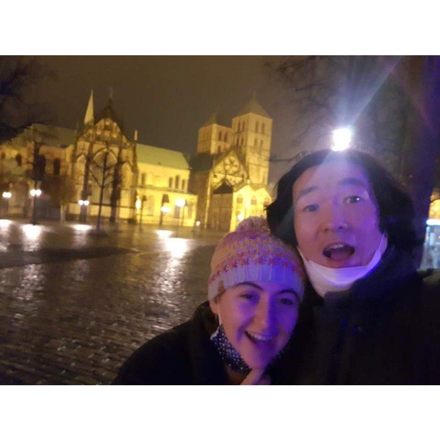 Us in Germany, taking a night walk to look at the town Cathedral in Munster.