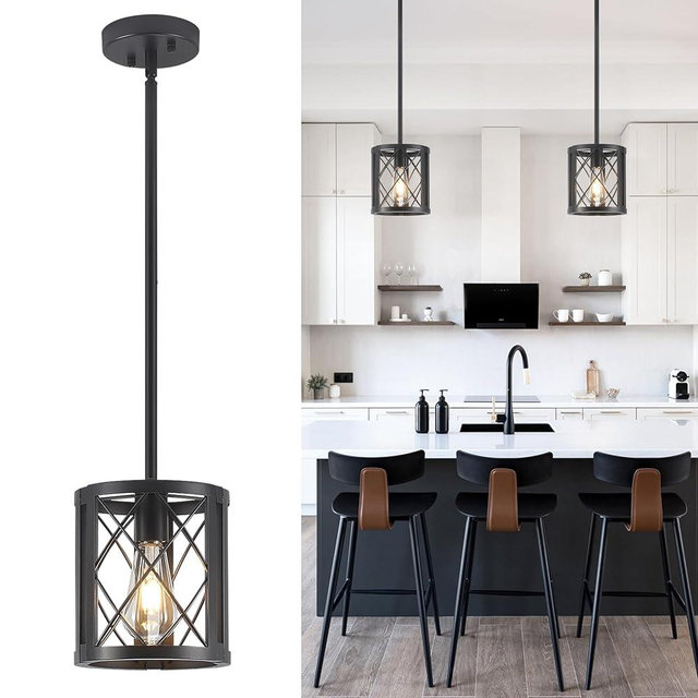 KLJCJF Farmhouse Pendant Light for Kitchen Island - Industrial Metal Lantern Black Pendant Lighting Single Hanging Light Fixture with 49.2" Adjustable Rods for Dining Room, Over The Sink, Hallway