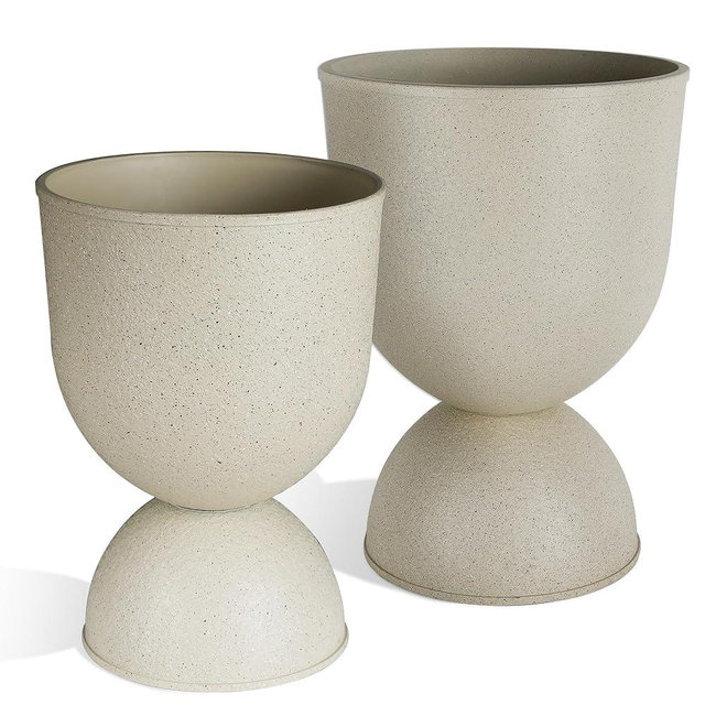 KOL Planters Flower Pots, Large Plastic Urn Planters for Indoor Outdoor Plants, Beige Pedestal Planter 2 Pack, 18 Inch+23 Inch, Decorative Planters with Drainage Holes & Plugs for Porch Garden