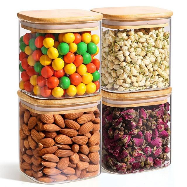ComSaf 24oz Glass Food Storage Jars Set of 4, Clear Glass Storage Containers with Bamboo Lids, Pantry Organization Jar, Spice, Blooming Tea, Coffee and Sugar Container, Small Canister Set for Kitchen