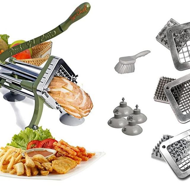 Tiger Chef Heavy Duty Potato French Fry Cutter Commercial Quality - Complete Set Includes 1/4, 3/8, and 1/2-Inch Blades and Pusher Blocks, Suction Feet and Cleaning Brush (11 Piece Combo Set)