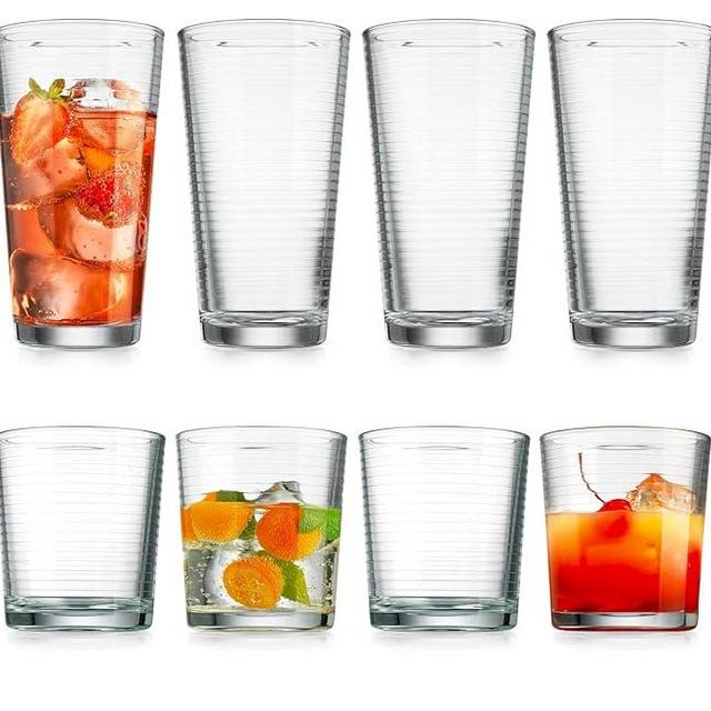 Glaver's Drinking Glasses Set of 12. Everyday Drinking Glasses. Mixed Drinkware Sets 6-17 oz Tall Kitchen Glass Cups, and 6-13 Oz Rocks Glasses. Ribbed Glassware Sets for Cocktail Beer Juice Water.