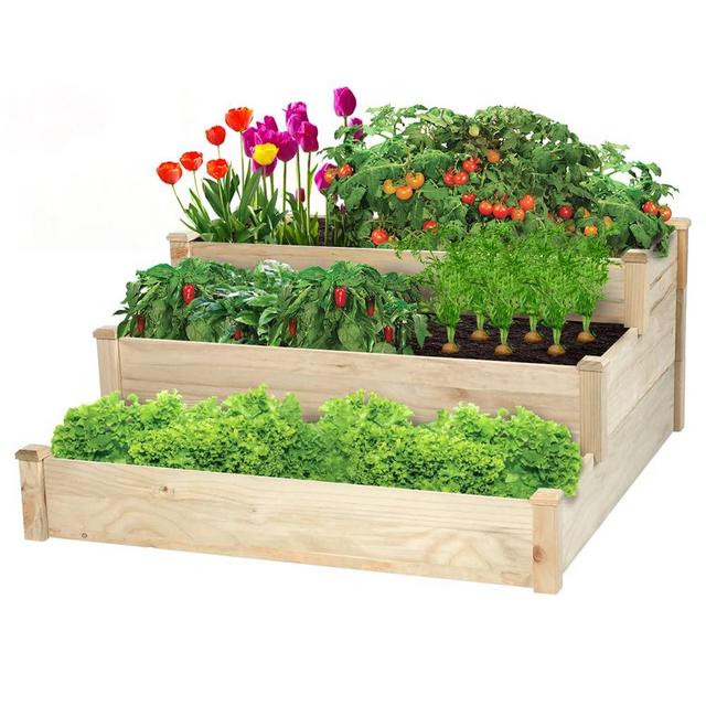 3 Tier Raised Garden Bed, GARFANS Elevated Wooden Planter Box Outdoor Solid Wood Planter Garden Box for Backyard Patio Natural Vegetable Flower Herb Gardening 49 x 49 x 22 inch