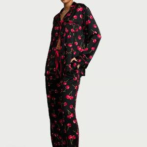 Signature Satin Long Pajama Set, Black/Green Chameleon Exploded Cherries - Order Pajamas Sets online - Victoria's Secret US