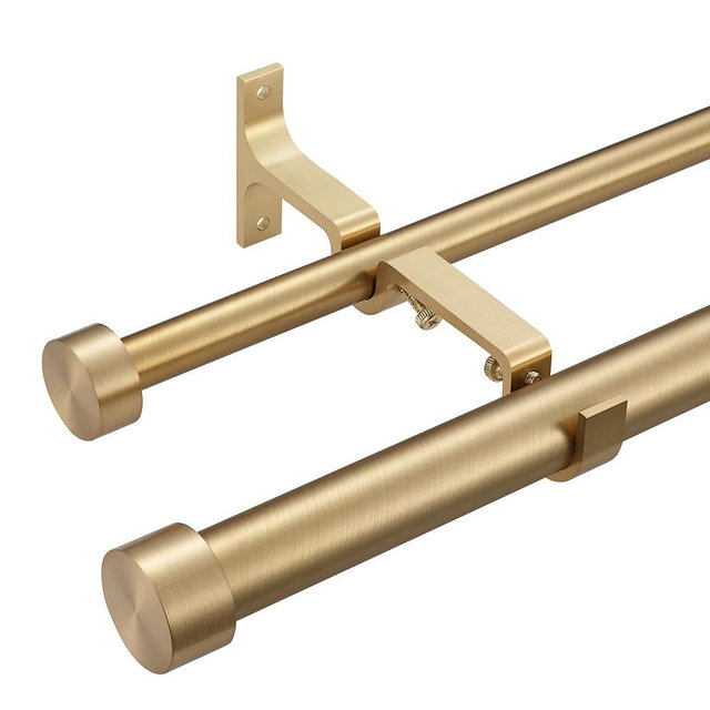 Mayrhyme Double Curtain Rods for Windows, 1''Front and 5/8''Back Double Drapery Rods with Premium Aluminum Brackets and End Cap Finials, Adjustable Double Window Curtain Rod (Warm Gold, 36-72")