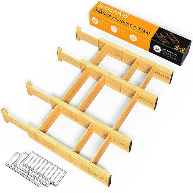 SpaceAid Bamboo Drawer Dividers with Inserts and Labels, Kitchen Adjustable Drawer Organizers, Expandable Organization for Home, Office, Dressers and Bathroom, 4 Dividers with 9 Inserts (13.25-17 in)