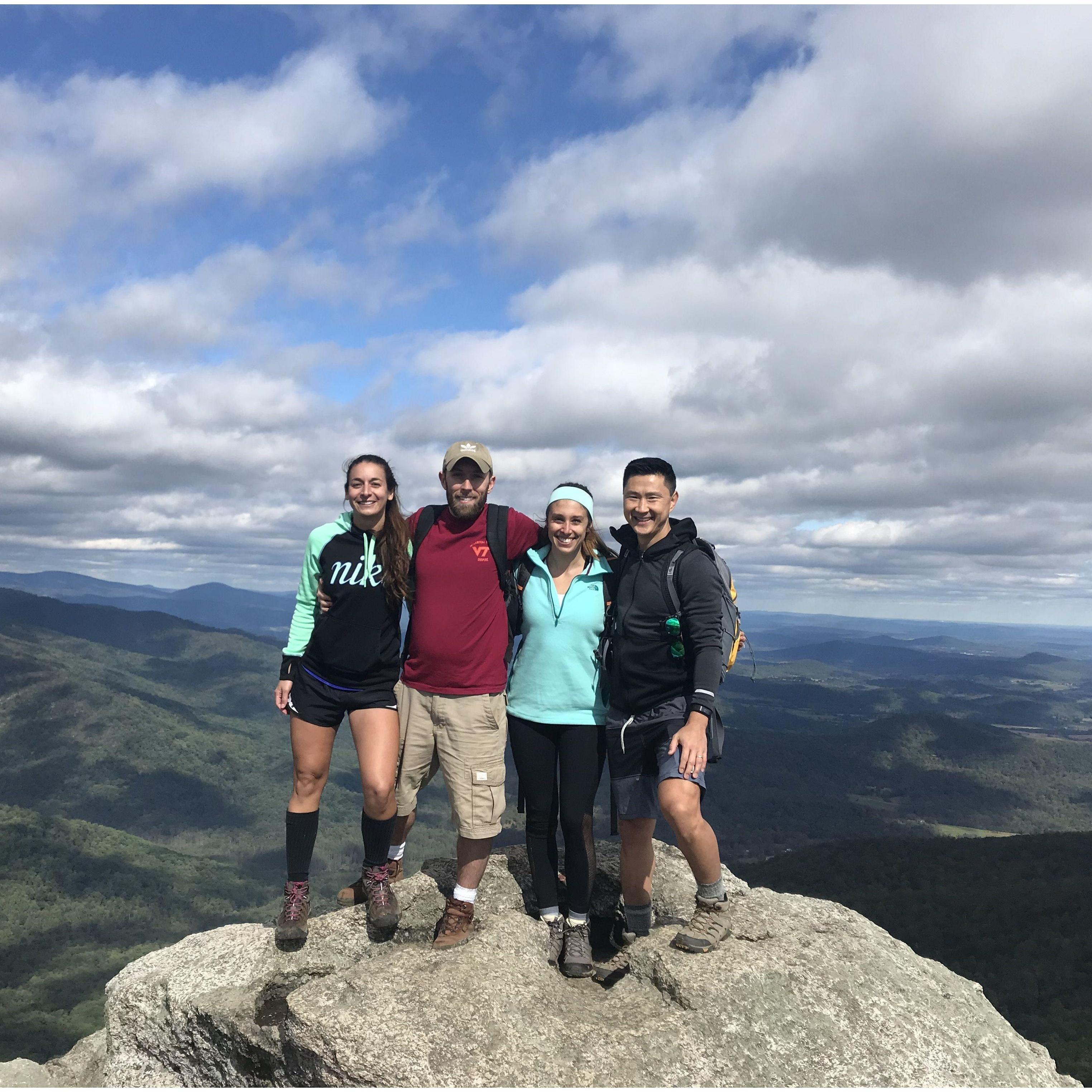 Breaking in Courtney's first pair of hiking boots, summiting Old Rag in Shenandoah National Park, with friends Jeff and Kristin.